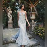 Mac Duggal  79264 Blue Embroidered Applique Feathered One Shoulder Trumpet Gown Photo 3