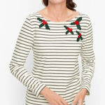 Talbots  Christmas Embroidered Holly Boat Neck Striped Long Sleeve Tee Size Small Photo 0