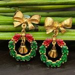 Vintage Unsigned Bow Holiday Wreath with Dangling Bell Christmas Earrings Photo 0