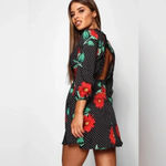 Boohoo Retro Pinup Rockabilly Polka Dot & Floral Ruffle Hem Dress Size 2 XS Photo 4