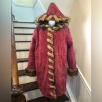 Dennis Basso Long Line Suede Hooded Pea Coat w Faux Fur Lining Dusky Red Sz L Photo 8