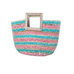Antik Kraft  Women's Pink & Blue Wooden Jute Satchel Beach Tote Bag Photo 1
