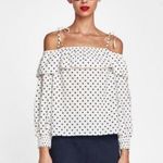 ZARA White & Black Polka Dotted Off The Shoulder Linen Blended Blouse Sz Sm NEW Photo 0