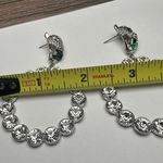 Wild Cat Leopard Rhinestone Dangle Pierced Earrings Silver Tone Clear & Green Photo 4