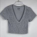 Garage  Gray Ribbed Cropped Top Deep V Neck Short Sleeve Top Size Small Photo 0
