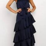 Petal and Pup  Navy Blue Satin Seychelle Ruffle Tiered Midi Dress 12 Photo 6