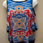 Susan Graver  1X Tunic Top Blouse Shirt Boho Knit Cold Shoulder Chain Print Chic Photo 0