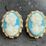 Anthropologie 18k Gold Plated Cornflower Blue Cameo Oversized Earrings With Backings Photo 0