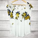 Lucky Brand Linen Blend Yellow Rose White Floral Casual T-Shirt Top Size Large Photo 1