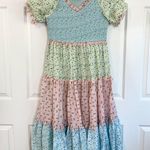 Ivy City Co Emily Patchwork Smocked Shirred Puff Sleeve Tiered Midi Dress Large Blue Photo 4