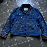John Mark  Blue Embroidered Jean Jacket with Leopard Cuffs Photo 1