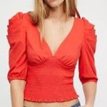 Free People  Red Puff Sleeve Smocked Waist Top Photo 0