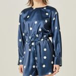 English Factory NEW!  Dot Printed Satin Long Sleeve Romper Navy Medium Photo 0