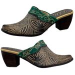 Elite by Corky's Shoes Womens 7 Scroll Leather Heeled Mules Green Brown Tan Photo 0