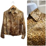 Kasper  Silk Leopard Print Button Down Blouse Petite Size 6 Small Gold Brown Photo 1