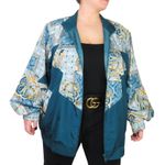 Hunt Club 1980s Vintage Windbreaker Teal Blue & Gold Jacquard Silk Jacket Large Photo 3