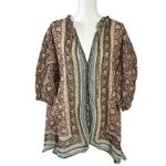 Free People  Bohemian Retro 70s Border Batik Button Down Kimono Shirt Size Large Photo 5