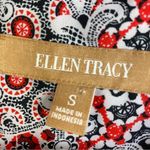 Ellen Tracy Multi Print Ruffle Front Blouse Small Red Black 3/4 Button Photo 9