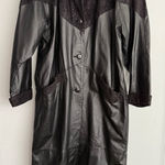Vintage 80s Pelle Black Leather Trench Coat Shoulder Pads Suede Embossed Trim M Size M Photo 0