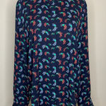 Loft Navy Blue Peacock Print Chiffon Blouse Sz Large Photo 0
