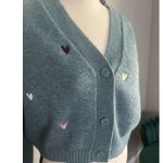 Witty Fox Ditzy Floral Small Blue Cropped Button Sweater Embroidered Hearts Photo 1