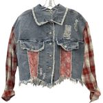 Miss Me  Distressed Plaid Denim American Flag Patchwork Cropped Jacket NWT Size S Photo 3