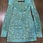 Mac Duggal Ieena for  26865 Sequin bishop long Sleeve sequin mini Dress green 0 Photo 5