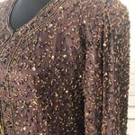 Vintage 100% silk gold beaded sequined brown blazer long sleeves blouse Sz S Photo 6