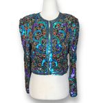 Scala Vintage  Silk Sequin Beaded Collarless Jacket Jewel Tone Crop Glam Petite Photo 2