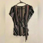 AUW  Women’s Y2K V-neck Wrap Around‎ Black and White Striped Blouse Size M Photo 1