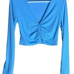 ZARA  Women Small Crop Top Blue Ribbed Knit Ruched Button Cardigan Shirt Photo 0