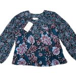 Band of Gypsies New BAND OF THE FREE Josie Blue Floral Print Long Sleeve V Neck Blouse Sz Small Photo 10