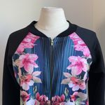 Bomber Jacket Womens Sz Large Pink Black Blue Floral Print Full Zip Photo 2