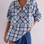 Free People  We The Free Sz M Wind River Flannel Pullover Shacket Blue Plaid Zip Photo 0