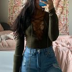 Long Sleeve Lace Up BodySuit Green Photo 0