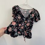 American Eagle AE Cinch Front Floral Top Black Green Short Sleeve Boho Crop Top Photo 10