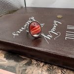 Handmade Vintage West German Glass Ring – Coral Red Stripe Cabochon, Adjustable Photo 6