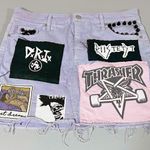 Thrasher Pastel ‘D.R.I’ ‘The Cramps’ Punk Band Patches Denim Jean Mini Skirt Size 12 ⛓️🔪 Photo 0