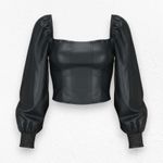7 For All Mankind 7FAM Black Faux Leather Puff Sleeve Square Neck Corset Crop Top Size XS Photo 0