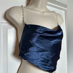 Cider NWT Blue Satin Like Solid Blue Cowl Neck Pearl Strap Crop Top Tank Top Size XS Photo 1
