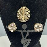 Antique AB Rhinestone Filigree Brooch + Clip On Earrings Set Germany 1920s Gold Photo 0