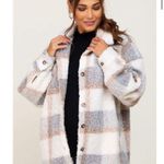 New Teddy Plaid Shacket Front Button Down Oversized Coat Jacket Women size Med Gray Photo 2