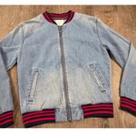 American Eagle Jean Jacket Small Navy Red Trim Denim Zip Up Blue Photo 0