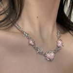 Creative Pink Love Heart Silver Plated Chain Necklace Punk‎ Y2K Style Neck Photo 0