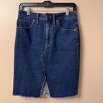Madewell Women's Raw Hem Front Slit Denim Skirt Blue Stretch Midi Size 27 Photo 0