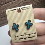 Genuine Turquoise Blue Cross Silver Tone Pierced Stud Earrings NWT Made In USA Photo 2