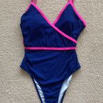 Colorblock Ribbed One Piece High Cut Swimsuit Blue Hot Pink Size Medium Like New Photo 0