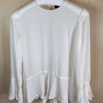 Theory  Women's Silk Blouse Size Large‎ White Ruffle Hem & Sleeves Corporate Work Photo 0