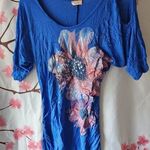 Cesem Blue Pink Silver Floral Cut Out Sleeve Cinched Tunic Dress Size Small Photo 0