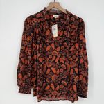 Elan Bloomingdales Blouse XS Black Autumn Floral Print Long Sleeve Ruffle Neck Photo 1
